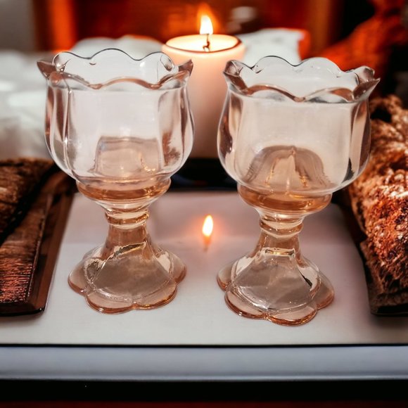 Rare Tulip Shape Pink Glass Candlestick Votive Taper Candle Holders 4-pcs set - Picture 2 of 6